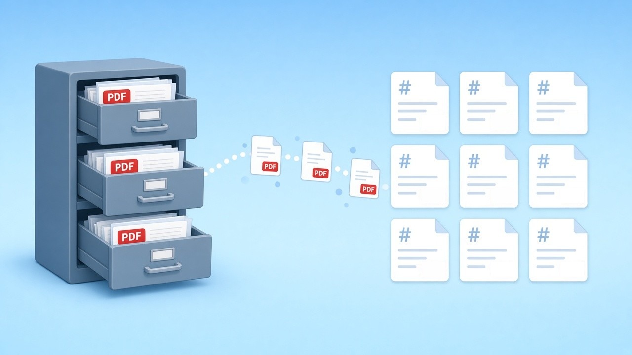 Filing cabinet of documents moving into a grid of Markdown files
