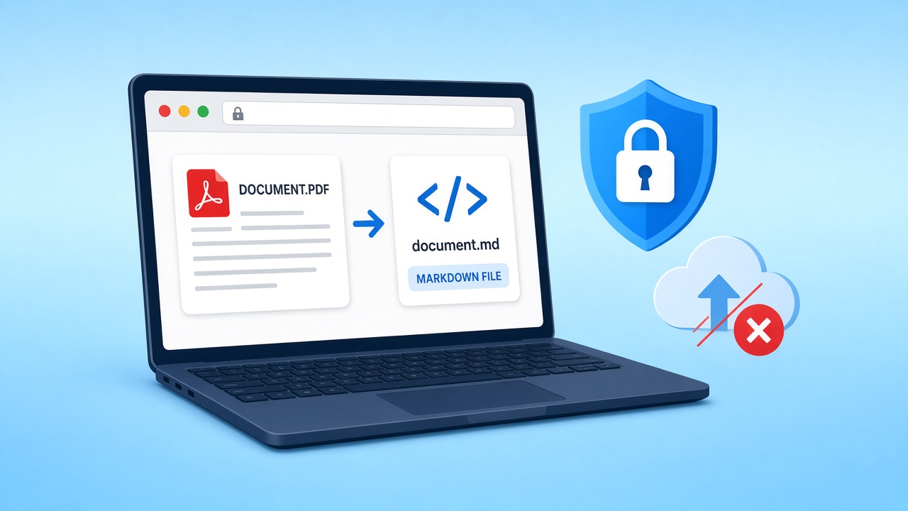 Laptop with a lock icon showing local, upload-free processing