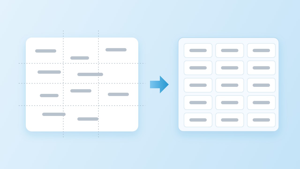Illustration: scattered words with position guides on a page are grouped into a neat grid of cells