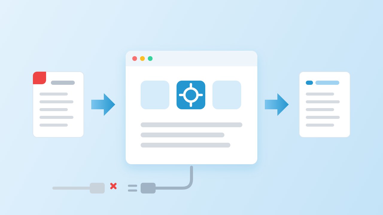 Illustration: a PDF goes into a browser window that does the work itself and a Markdown file comes out, while the network cable is unplugged