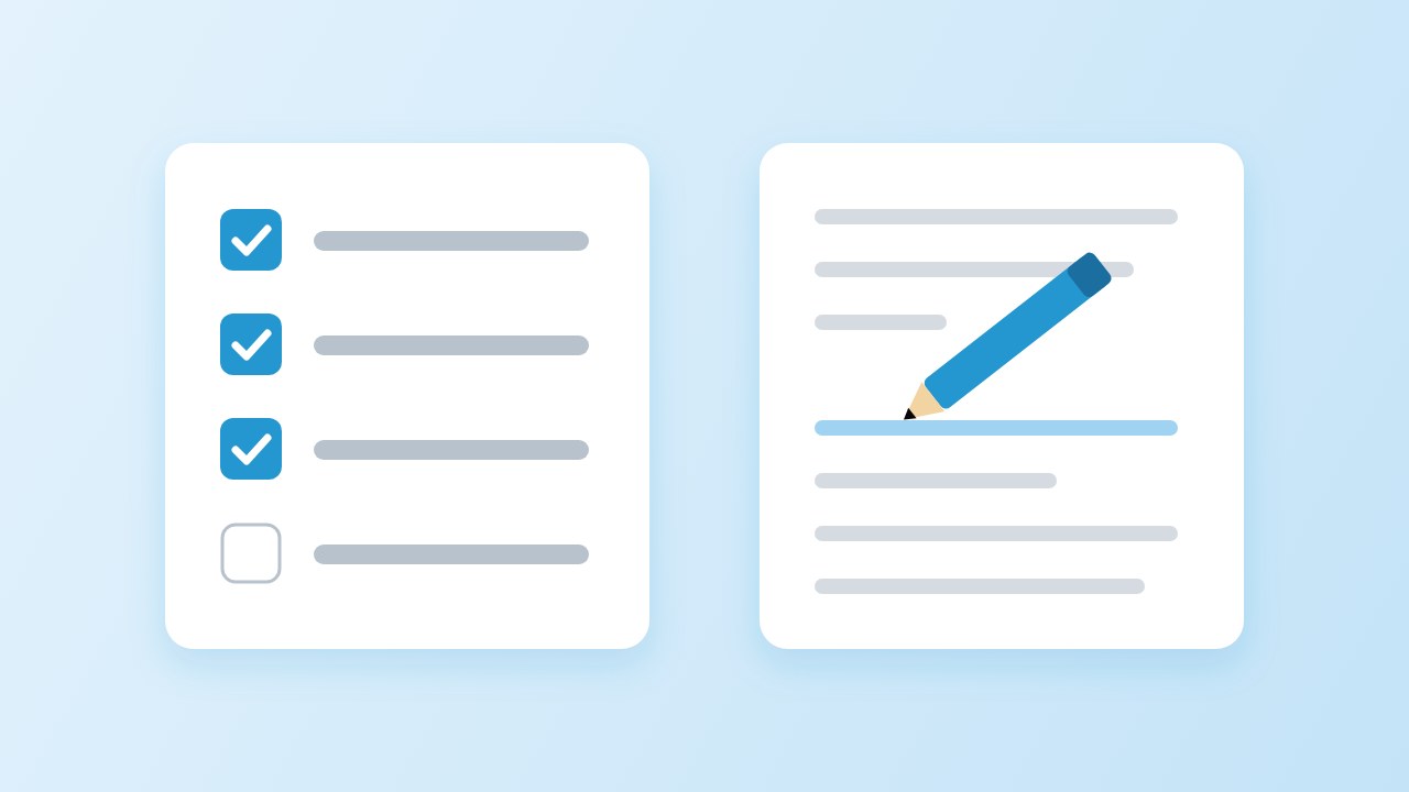 Illustration: a checklist with three items ticked beside an editor where a pencil corrects one line