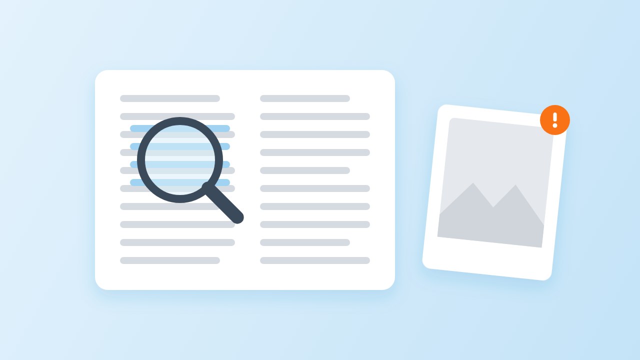 Illustration: a magnifier shows selectable lines of text on a two-column page, next to a scanned page marked with a warning
