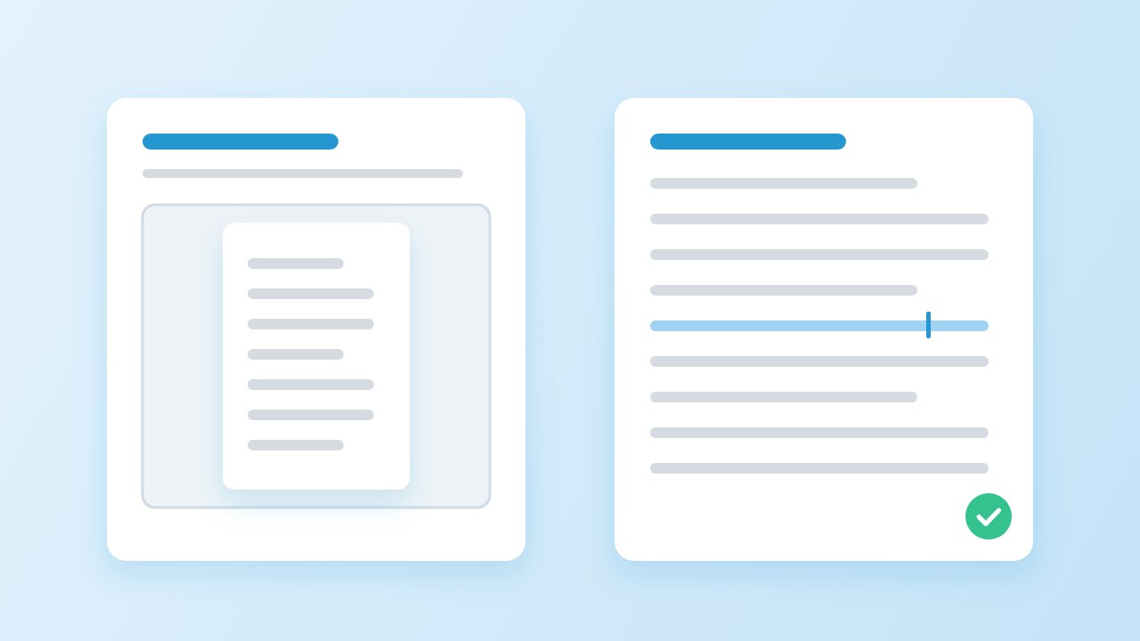 Illustration: on the left a note with an embedded PDF viewer, on the right a note with editable text and a cursor