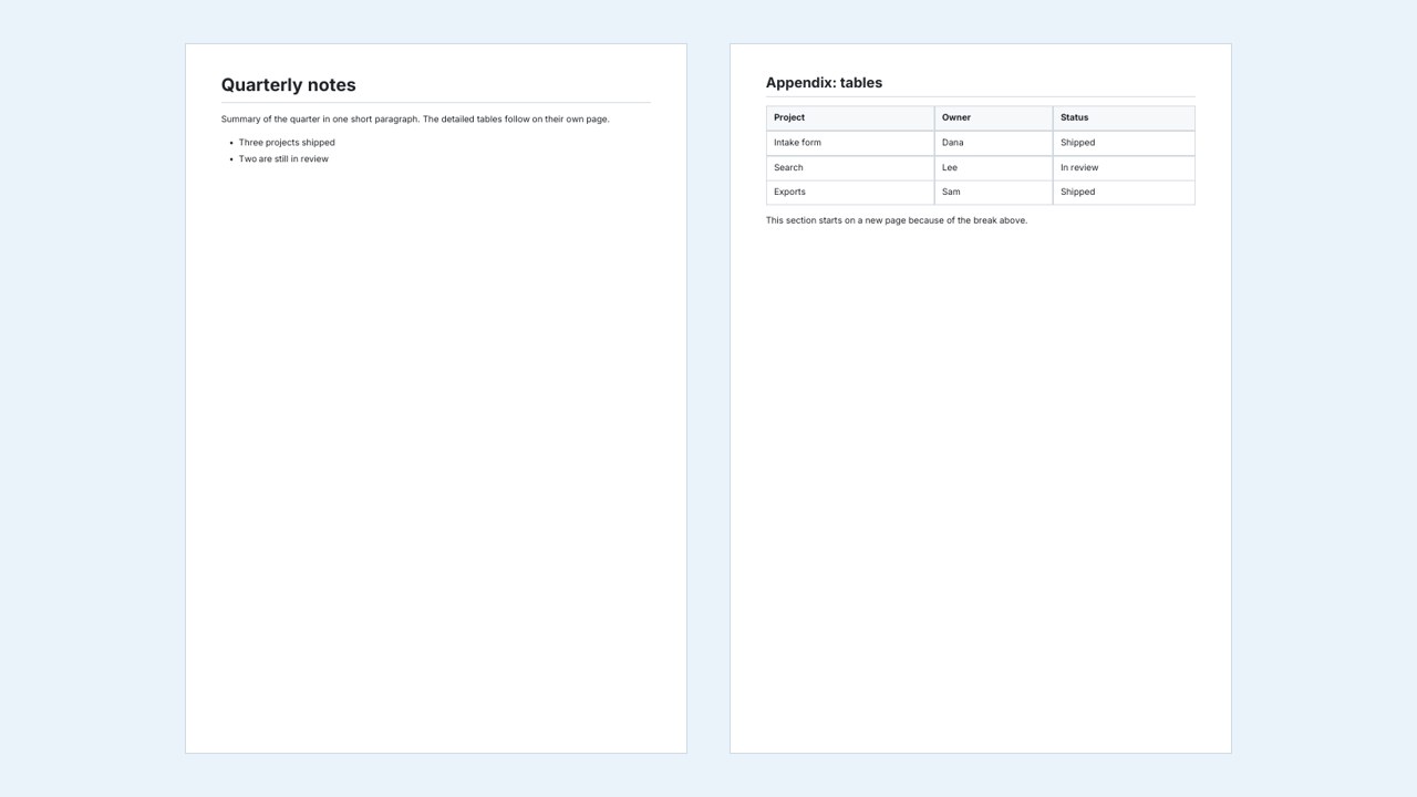 Screenshot: the two exported PDF pages, a short summary on page one and the appendix table starting at the top of page two