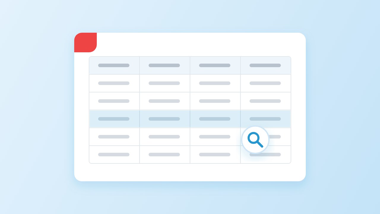 Illustration: a PDF page with a table, one row highlighted as selected text and a search badge over a cell