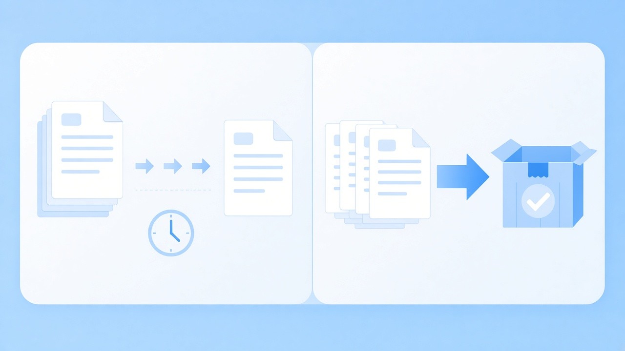 Documents handled one at a time beside many documents going into one box