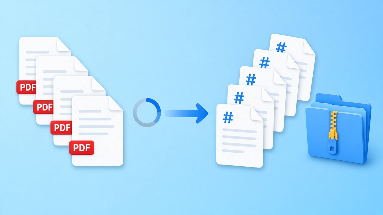 Several documents turning into Markdown files and a zipped folder