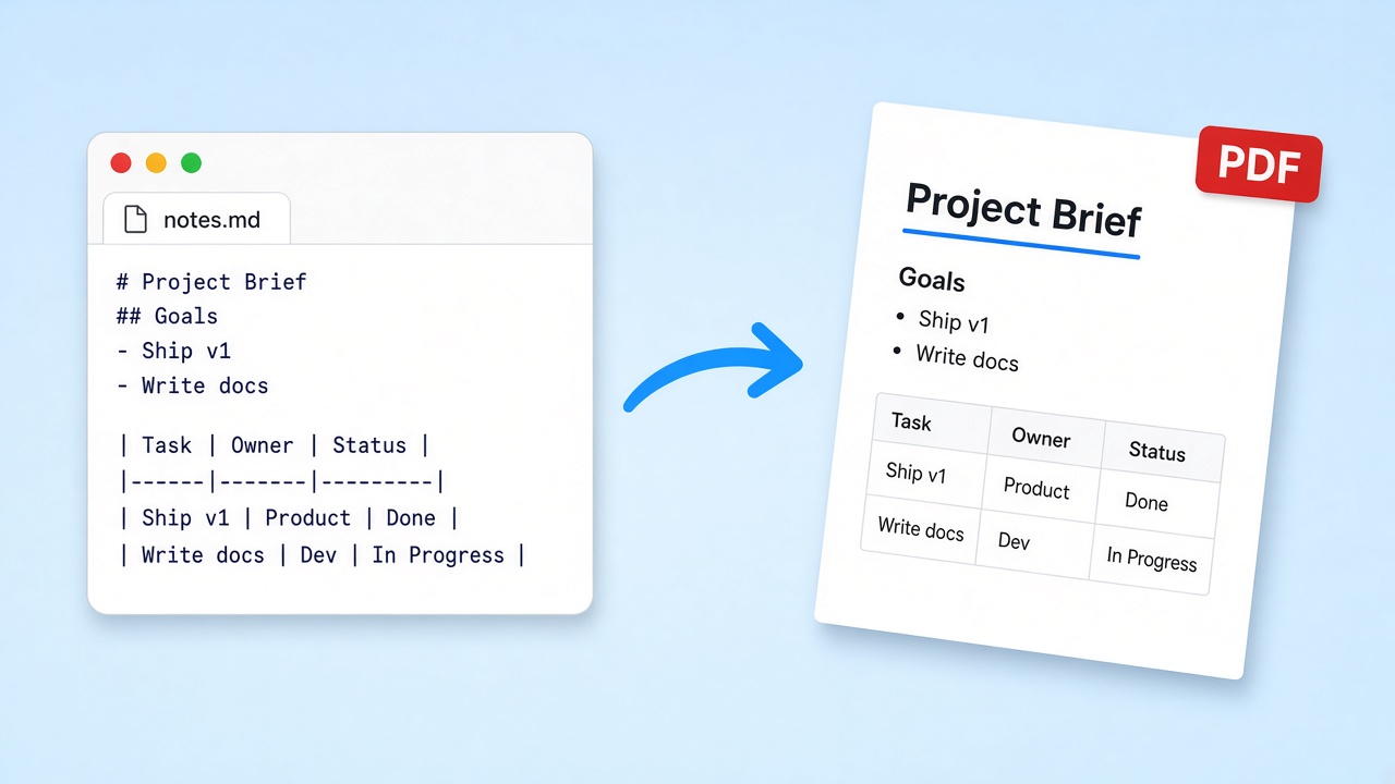 Markdown editor card turning into a printed document page