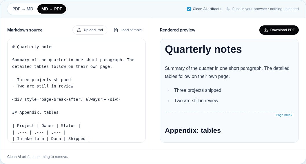 Captura de tela: uma quebra de página no nosso editor, a div à esquerda e uma linha de quebra tracejada na prévia à direita