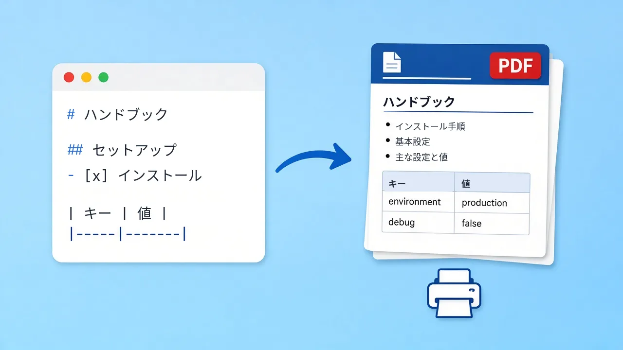 Markdownソースが印刷されたマニュアルのページになる