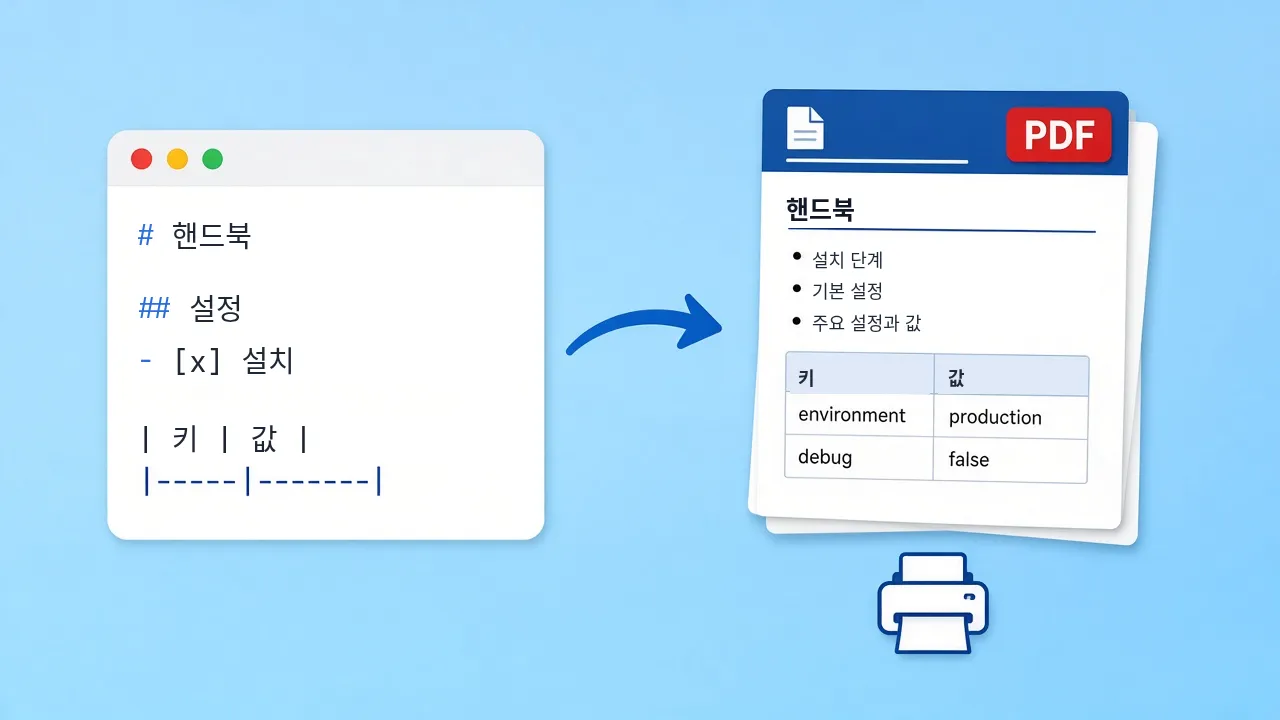 마크다운 원문이 인쇄된 설명서 페이지로 바뀌는 모습