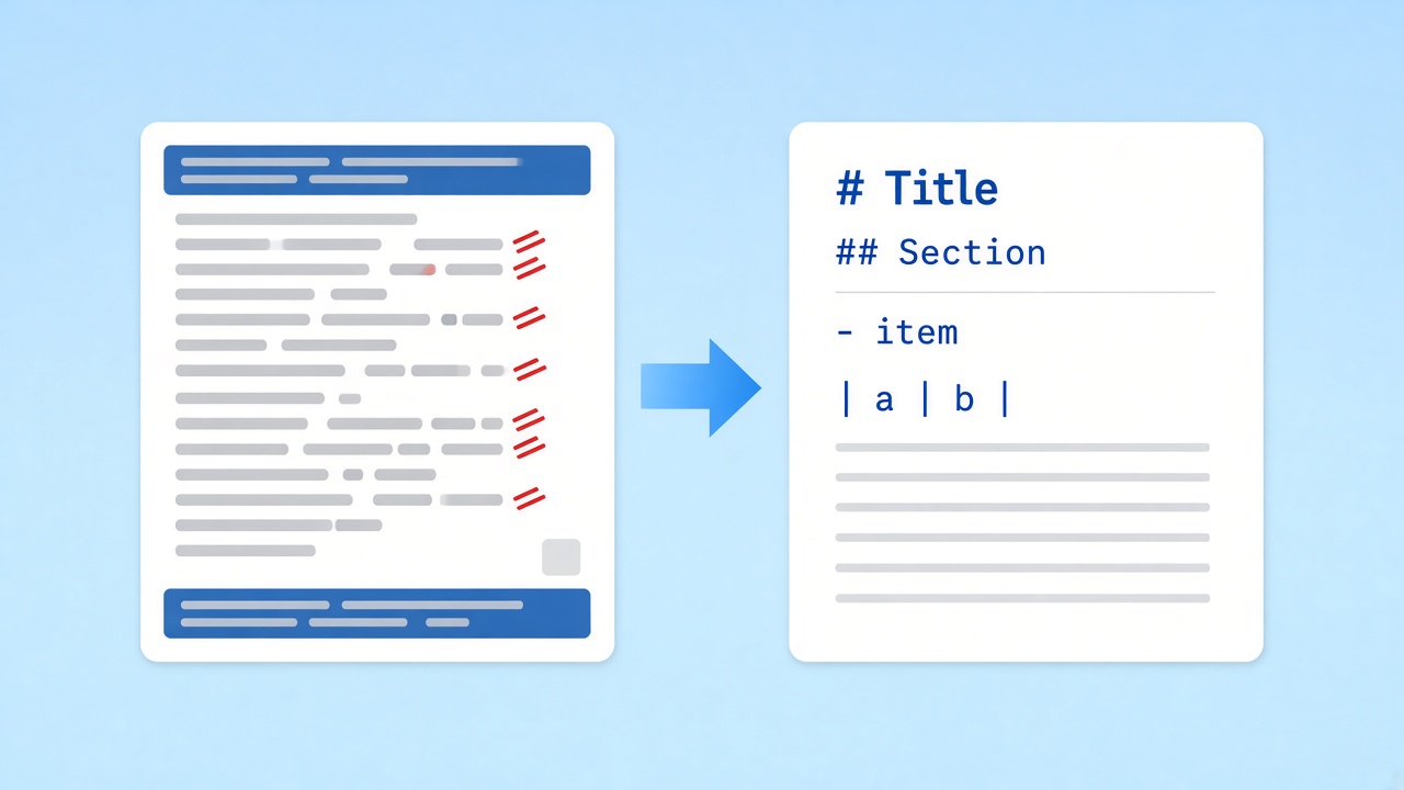 Cluttered extracted text beside clean structured Markdown