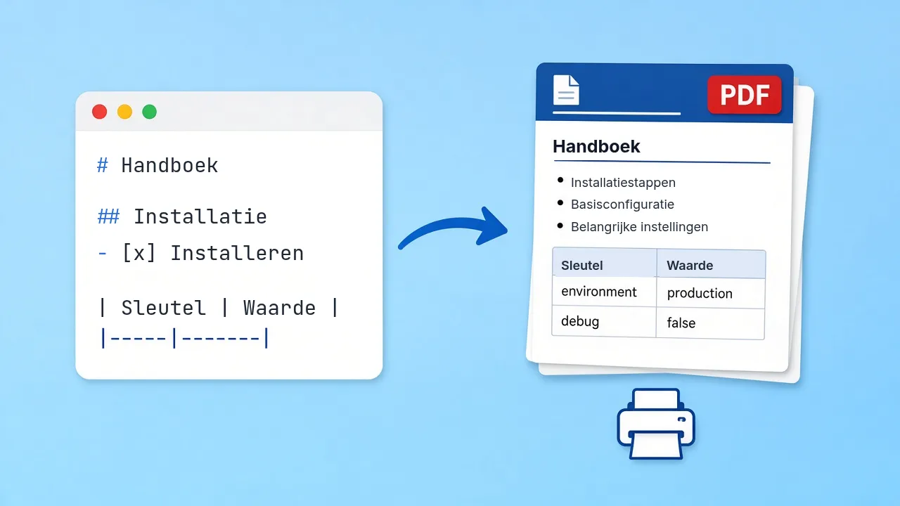Markdown-bron wordt geprinte handleidingpagina’s